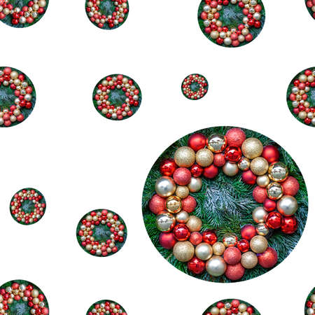 Seamless pattern Christmas wreath isolated on white background. Merry Christmas and Happy New Year.