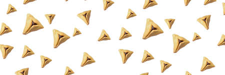Purim holiday concept. Purim banner. Hamantash, Ozen Haman, Purim cookie on white isolated...