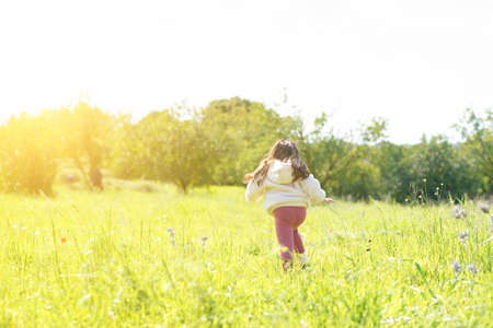 Little happy child girl running on meadow in summer in nature.の写真素材