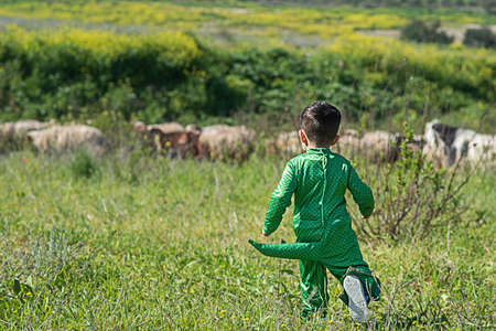 Child dressed carnival costume run in the meadow. Purim, Halloween, Birthday outdoor party.の写真素材