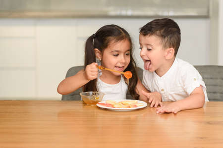Little Funny Girl And Boy Eating Apple With Honey. Healthy Eating For Children.の写真素材