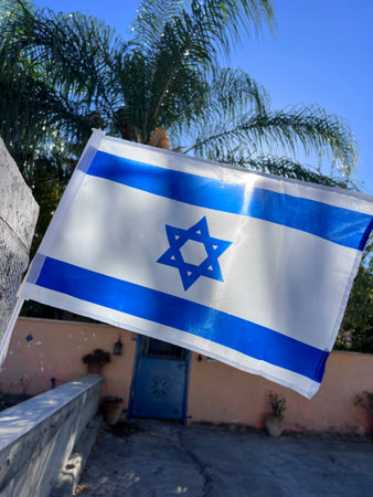 he Israeli flag with the Star of David waves against a backdrop of palm trees and a clear blue sky....