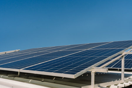 Solar panels are arranged in a grid formation on the rooftop, efficiently capturing sunlight. The...