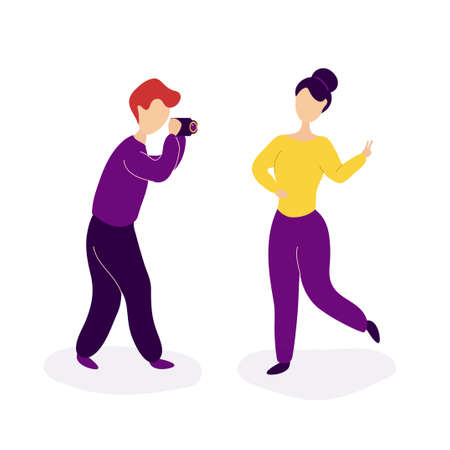 Romantic couple in love spending time together.Romantic relationship and love concept.Boyfriend making girlfriend photo .Vector flat modern style illustration icon design.Isolated on white backgroundのイラスト素材