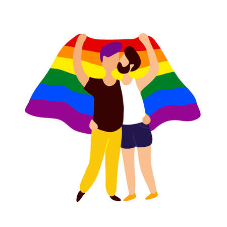 Two gay people kissing under rainbow flag.  Vector flat trendy style illustration. Isolated on white background.のイラスト素材