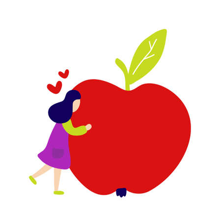 Girl hugging big red apple. Vector flat style illustration icon design. Isolated on white background.のイラスト素材