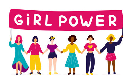 Interracial group of women holding hands. Girl power concept.  Vector flat modern style illustration icon design. Isolated on white background.のイラスト素材