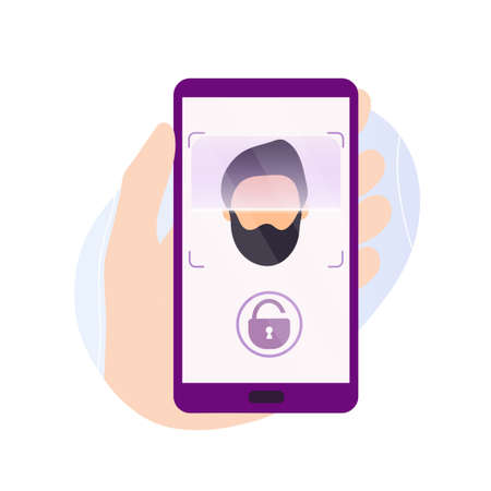 Hand holding smartphone with scanning app on screen.  Flat modern trendy style.Vector illustration...