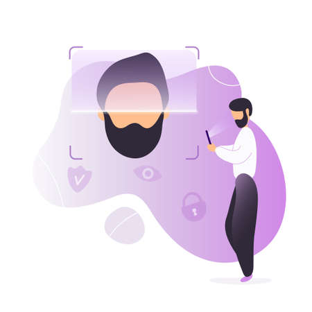 Man unlocking phone using face recognition technology. Flat modern trendy style.Vector illustration character icon. Isolated of white background. Person verification and authentification concept.のイラスト素材