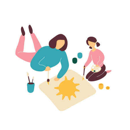 Mother drawing together with little daughter on floor. Flat modern trendy style.Vector illustration character icon. Isolated of white background.のイラスト素材