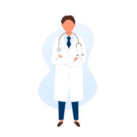Doctor with stethoscope standing arms across. Flat modern trendy style.Vector illustration character icon. Isolated on white background.のイラスト素材