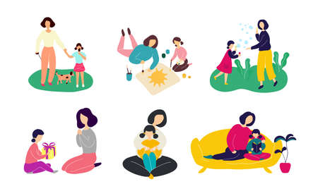 Set of mother and little daughter spending time together, walking dog, drawing, blowing bubbles, hugging, reading. Vector flat modern style illustration icon design. Isolated on white background.のイラスト素材