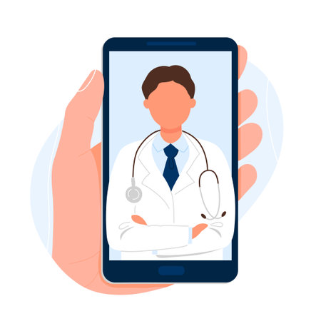 Hand holding phone with the image of doctor on screen. Flat cartoon modern trendy style.Vector illustration character icon. Online medical consulting, telehealth concept.のイラスト素材