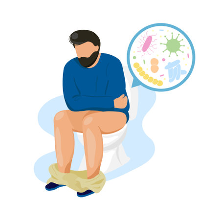Young man with diarrhea or constipation sitting on toilet bowl with microorganisms image.  Flat modern trendy style.Vector illustration character icon. Digestive system problems.のイラスト素材