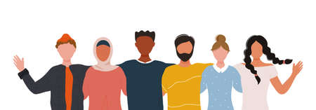 Multiracial group of people standing together and embracing each other. International human solidarity banner concept. Flat modern trendy style.Vector illustration character icon.のイラスト素材