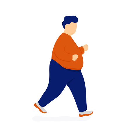 Fat man jogging. Weight loss concept. Flat modern trendy style.Vector illustration character icon. Isolated of white background.のイラスト素材