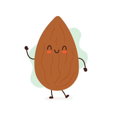 Happy smiling funny cute almond. Vector flat cartoon character illustration icon design. Isolated on white background. Healthy food concept.のイラスト素材
