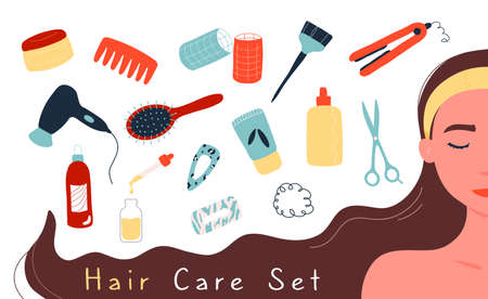 Half face portrait of woman in yellow headband surrounded by various hair care products and appliances. Close up view. Flat trendy hand drawn style.のイラスト素材