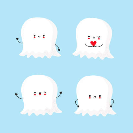 Cute smiling ghost collection. Trendy hand drawn illustration vector flat characters. Ghosts character bundle.のイラスト素材