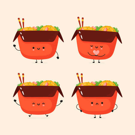 Cute smiling noodle collection. Trendy hand drawn illustration vector flat characters. Chinese noodles character bundle.のイラスト素材