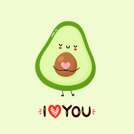 Cute smiling avocado holding heart in hands. Vector hand drawn character illustration. Kawaii post card with "I love you" lettering.のイラスト素材