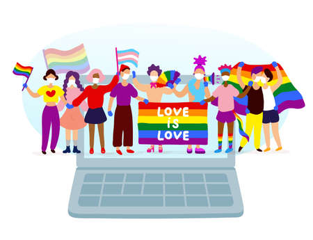 Gay parade on laptop screen. Group of LGBTQ activists, online pride concept. Vector hand drawn character illustration.のイラスト素材