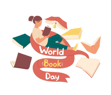 Girl reading book surrounded by colorful flying books with "World Book Day" lettering. Vector hand drawn character illustration. Isolated on white background. International World Book Day concept.のイラスト素材