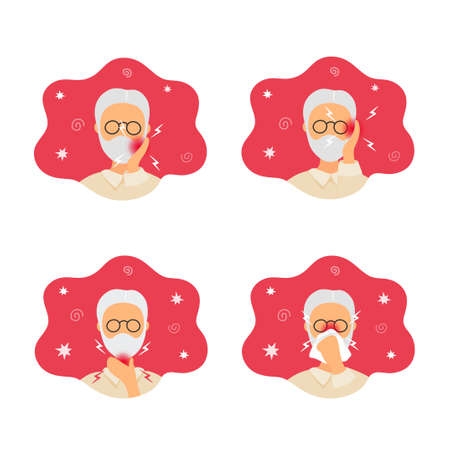 Collection of old man with different pains. Flat hand drawn style. Isolated on white background. Elderly people health problems.のイラスト素材