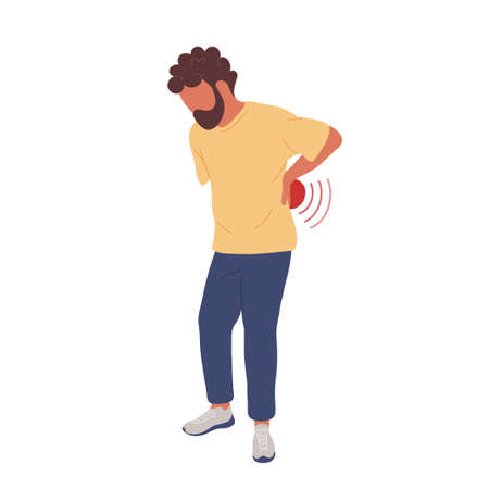 Sick man with backpain touching low back. Flat trendy hand drawn character vector illustration. Isolated on white background. Spinal disease concept.のイラスト素材