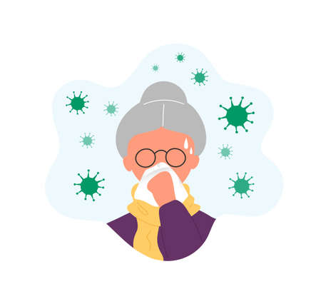 Old lady blowing nose into tissue surrounded by coronaviruses. Vector hand drawn character illustration. Isolated on white background. Coronavirus, rhinitis, flu, cough concept.のイラスト素材