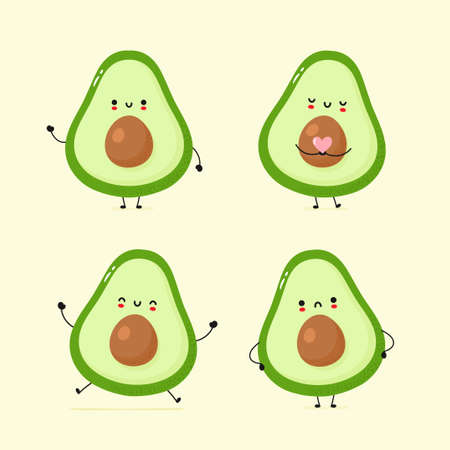 Cute smiling avocado collection. Trendy hand drawn illustration vector flat characters. Avocados character bundle.のイラスト素材