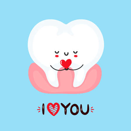 Cute smiling tooth holding heart in hands. Vector hand drawn character illustration. Kawaii post card with "I love you" lettering.のイラスト素材