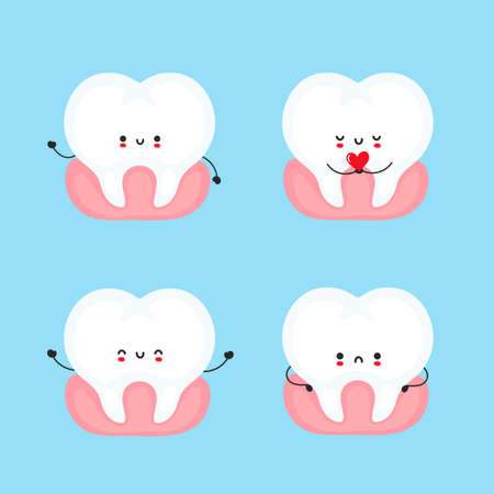 Cute smiling tooth collection. Trendy hand drawn inllustration vector flat characters. Teeth character bundle.のイラスト素材