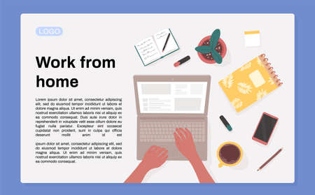 Top view of woman's hands at desk with laptop surrounded by stationery, gadgets, cup of coffee. Working from home, remote job, home office concept. Landing page design.のイラスト素材