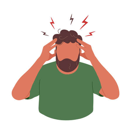 Young man suffering from headache. Flat trendy hand drawn character vector illustration. Isolated on white background. Migraine, stress, frustration concept.のイラスト素材