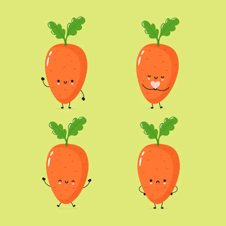 Cute smiling carrot collection. Trendy hand drawn inllustration vector flat characters. Carrots character bundle.のイラスト素材