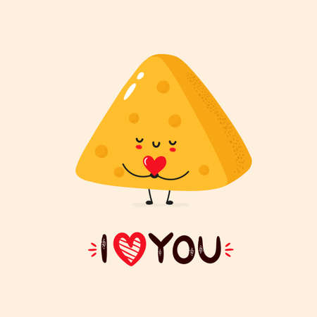 Cute smiling cheese holding heart in hands. Vector hand drawn character illustration. Kawaii post card with "I love you" lettering.のイラスト素材