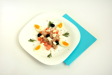 tuna salad on a white plateの写真素材