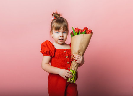 Little cute girl holding a bouquet of tulips in craft packaging on a pink background. Happy women's day. Place for text.の写真素材
