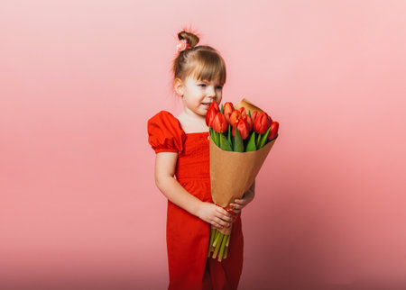 Little cute girl holding a bouquet of tulips in craft packaging on a pink background. Happy women's day. Place for text.の写真素材