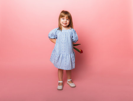 cute little blonde girl with a bouquet of tulips in a cotton dress on a pink background. March 8の写真素材