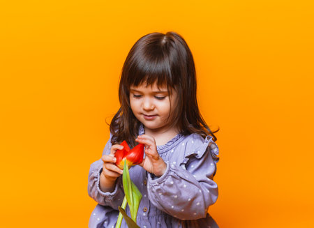 cute little blonde girl with a bouquet of tulips in a cotton dress on a yellow background. March 8の写真素材