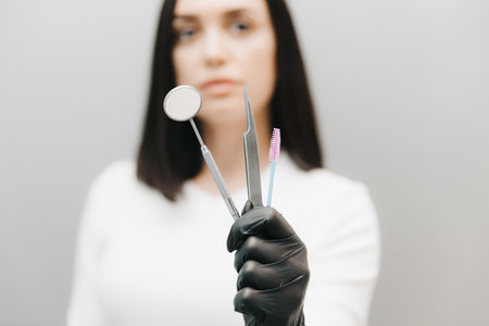 A young girl holds tools for the correction and coloring of eyebrows on a white background. Eyebrow styling conceptの写真素材