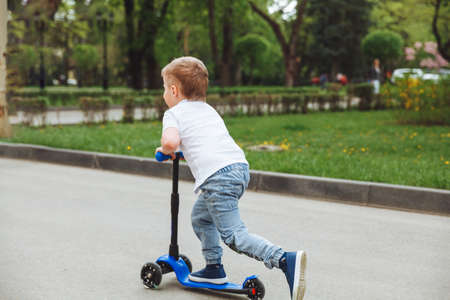 Child on a scooter in the park. A little boy rides a scooter on a sunny day. Active sports for preschoolersの写真素材