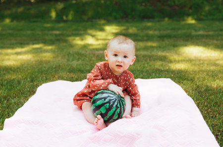 Cute happy baby girl with a ball sits on green grass in the park.の写真素材