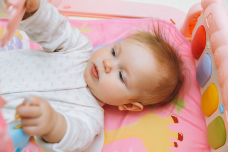 Adorable baby toddler lying on a colorful children's play mat with toys. Space for early development...