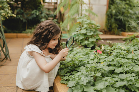 Portrait of a cute little girl looking at plants through a magnifying glass. A child with a magnifying glass studies nature in the garden. The concept of early development.の写真素材
