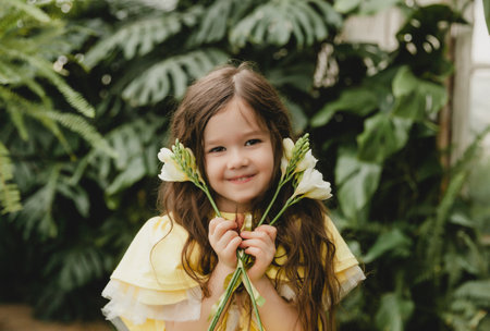 Cute little girl in a yellow dress, holding spring flowers in her hands, standing against the...