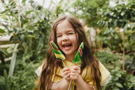 Cute little girl eating a watermelon shaped lollipop Child with lollipops in the botanical garden.