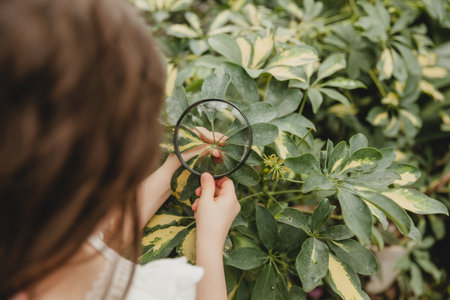 Portrait of a cute little girl looking at plants through a magnifying glass. A child with a magnifying glass studies nature in the garden. The concept of early development.の写真素材